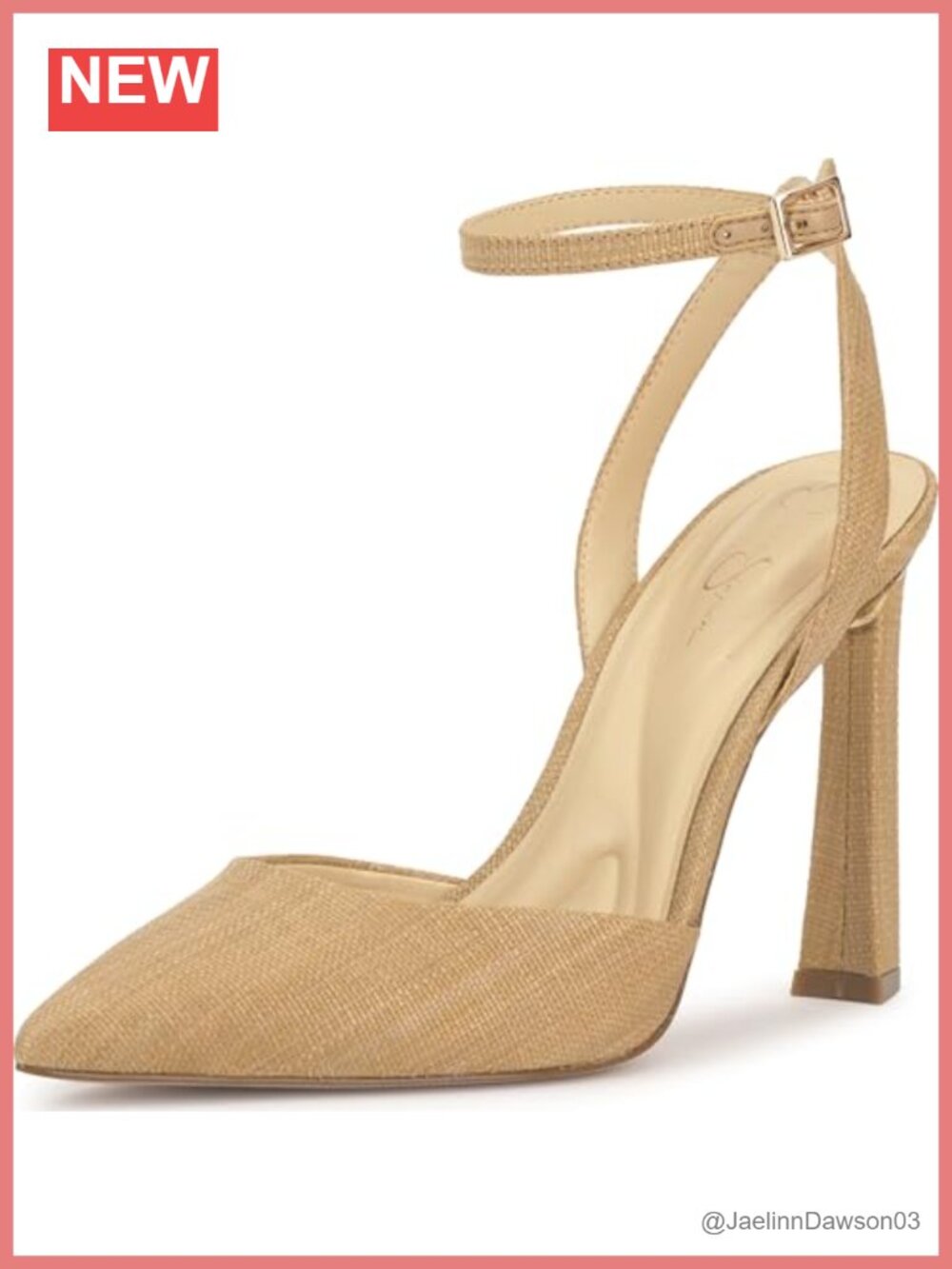 Block Heel Ankle Strap Raffia Pump Pointed Toe